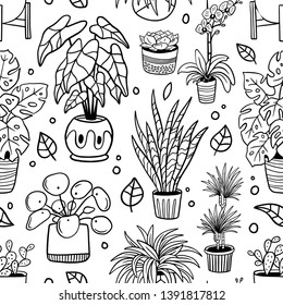 Seamless pattern with cute houseplants in pots. Doodle black and white flowers, cactus, and succulents. Vector illustration. Natural design elements.