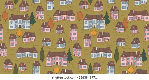 Seamless pattern with cute houses, autumn illustration.