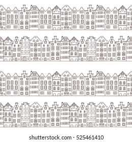 Seamless pattern with cute houses in black and white colors