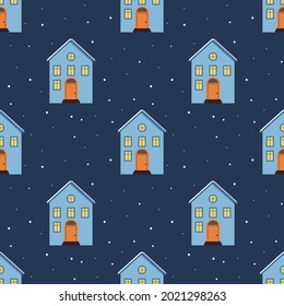 Seamless pattern with cute houses with a bright roof on the snow, light in the windows and chimneys. Merry holiday print, New Year and Christmas decorations. Winter and festive background