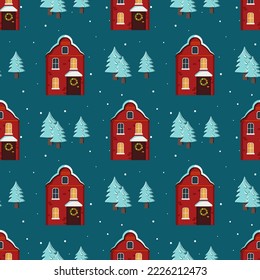 Patrón sin foco con bonitas casas con un techo brillante en la nieve, luz en las ventanas y chimeneas. Impresión de feriados, Año Nuevo y decoraciones navideñas. Invierno y fondo festivo