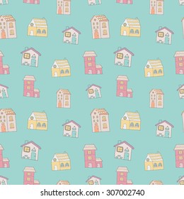 Seamless pattern with cute houses cartoon hand drawn.