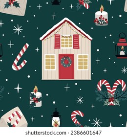 Seamless pattern with cute houses and Christmas decor, vector. Can be used for printing on fabric, wrapping paper, postcards.