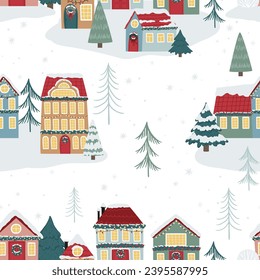 Seamless pattern with cute houses and Christmas decor, vector. Can be used for printing on fabric, wrapping paper, postcards.