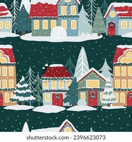 Seamless pattern with cute houses and Christmas decor, vector. Can be used for printing on fabric, wrapping paper, postcards.