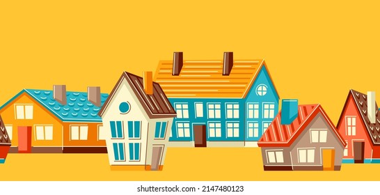 Seamless pattern with cute houses. Country colorful cottages background.