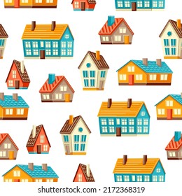 Seamless pattern with cute houses. Country colorful cottages background.