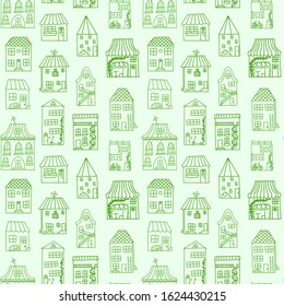 Seamless pattern with cute houses in doodle style. Green houses painted by hand, isolated on a green background. Monochrome Pattern for kids design. For printing on linen, t-shirts, wrapping paper.
