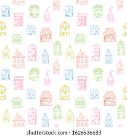 Seamless pattern with cute houses in doodle style. Colorful houses painted by hand on a white background. Pattern for baby design. for printing on fabric and clothing and wallpaper.