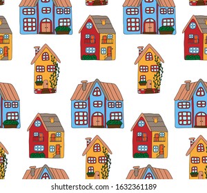 Seamless pattern with cute houses in doodle style. Colorful houses painted by hand, isolated on white background.Pattern for baby design. For printing on linen, t-shirts, wrapping paper and wallpaper