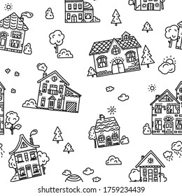 Seamless pattern with cute houses for fabrics, packaging and cards. Vector illustration