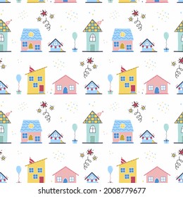 Patrón sin foco con casas lindas. Fondo festivo para papel de envoltura de cumpleaños. Papel tapizado para niños en forma de doodle para imprimir en tela.