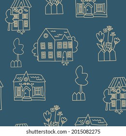 Seamless pattern with cute houses, flowers and trees on a blue background. Trendy modern texture for textile, fabric, wallpaper. Line art.