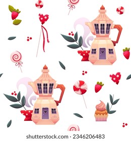 Seamless Pattern with Cute Houses, Geyser Coffee Maker, Sweet, Candies, Cupcake, Mug, Coffee Shop on White Background. Vector Illustration.