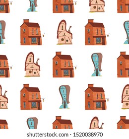 Seamless Pattern with Cute Houses on White Background. Playful Buildings in Doodle Style for Textile or Wrapping Paper Design for Kids. Ornament for Wallpaper or Cloth Cartoon Flat Vector Illustration