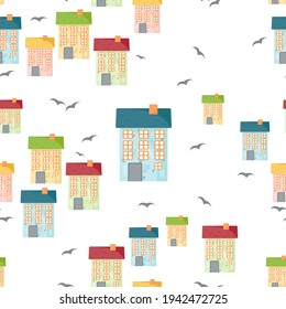 Patrón sin foco con bonitas casas con antecedentes blancos y transparentes. Concepto de vida de la ciudad.