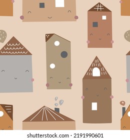 Patrón sin foco con casas bonitas sobre un fondo beige en colores otoñales. Textura infantil creativa para tela, envoltura, textil, papel pintado, ropa. Ilustración del vector