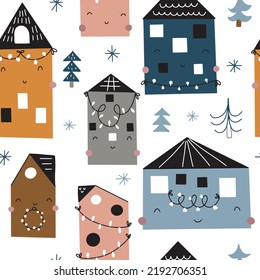 Seamless pattern with cute houses on a white background. Creative childlike texture for fabric, wrapping, textile, wallpaper, clothes. Vector illustration