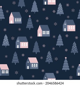 Seamless pattern with cute houses in snowy forest. Simple scandinavian style background with christmass mood for web, print, background, wallpaper, scrapbooking, wrapping paper, textile 