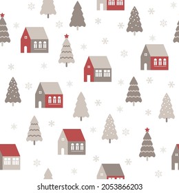 Seamless pattern with cute houses in snowy forest. Simple scandinavian style background with christmass mood for web, print, background, wallpaper, scrapbooking, wrapping paper, textile 