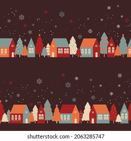 Seamless pattern with cute houses in snowy forest. Simple scandinavian style background with christmass mood for web, print, background, wallpaper, scrapbooking, wrapping paper, textile 