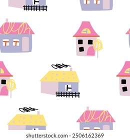 Seamless pattern with cute houses. Template for Notebook covers, cover design, business advertisement, pattern for wallpapers, textile etc. Childish naive art style for real estate