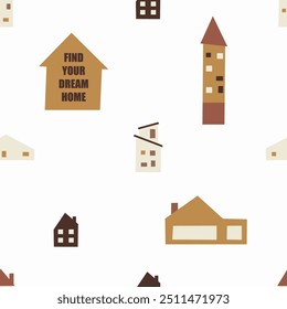 Seamless pattern with cute houses. Template for Notebook covers, cover design, business advertisement, pattern for wallpapers, textile etc. Childish naive art style for real estate