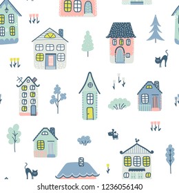 Seamless pattern with cute houses and trees on a white background. Vector illustration for children.