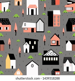 Seamless pattern. Cute houses and trees.  For greeting cards, gift paper, anniversary, party invitations. Seamless pattern and hand drawn texture. Flat design. 