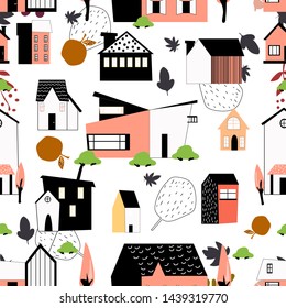 Seamless pattern. Cute houses and trees.  For greeting cards, gift paper, anniversary, birthday, party invitations. Flat design. Transparent background 