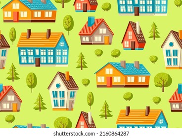 Seamless pattern with cute houses and trees.. Country colorful cottages background.