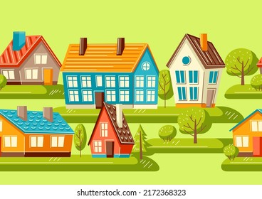 Seamless pattern with cute houses and trees.. Country colorful cottages background.