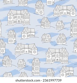 Seamless pattern with cute houses, winter background.