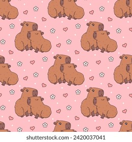 Seamless pattern with cute hugging capybaras in love. Funny cartoon rodent couple characters with heart and flower. Kawaii vector illustration on pink background. Animal print