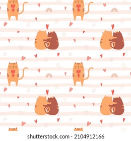 Seamless pattern with cute hugging cats and a cat holding a heart in its paws. Textured striped background with rainbow,hearts. For packaging design for Valentine's day, birthday. Vector illustrations
