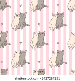 Seamless pattern with cute hugging cats. Funny kitties couple in love. Adorable sweet animals. Vector illustration in cartoon style on a background with pink stripes