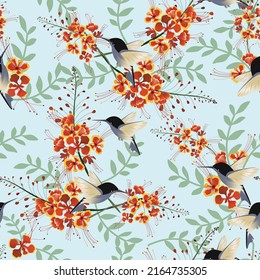Seamless pattern cute humming bird and orange flower with leaf
