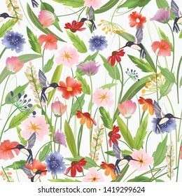 Seamless pattern cute hummingbird in sweet flower forest,illustration vector doodle comic art for any card.