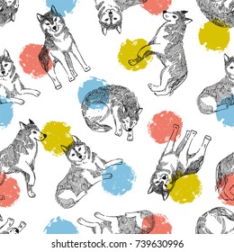 Seamless pattern with cute husky and colorful circles. Vector animal background. Funny design for kids things.