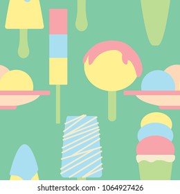 Seamless pattern of  cute ice cream cones, ice cream on stick and in bowl on green background