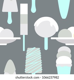 Seamless pattern of  cute ice cream cones, ice cream on stick and in bowl on grey background