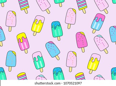 Seamless pattern with cute ice cream. Fruit ice cream  on pink. For prints on T-shirts, textiles, paper products, the Web.