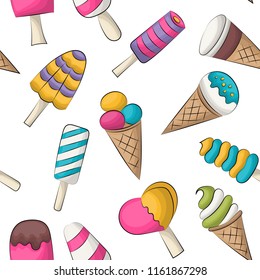 Seamless pattern with cute ice cream cones and popsicles.  Colorful girly and childish decor repeat background. Vector illustration.