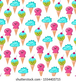 Seamless pattern of a Cute ice cream cartoon. Set