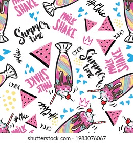 Seamless pattern with cute ice cream , milk shake . For prints on T-shirts, textiles, paper products, the Web.