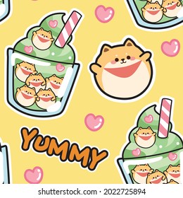 Seamless pattern of cute ice cream with shiba inu dog bubble on yellow background.Yummy text.Animal character design.