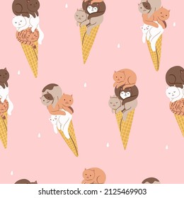 Seamless pattern with cute ice cream cats. Vector graphics.