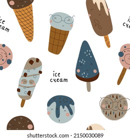 Seamless pattern with cute ice cream in boho style. Vector illustration isolated on white background in warm colors for your design