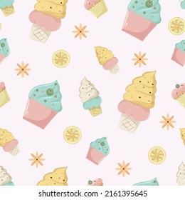 seamless pattern with cute ice cream in pastel color background