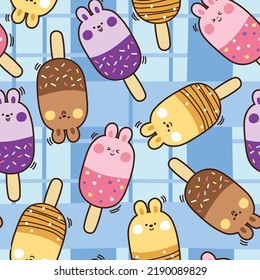 Patrón sin foco de helado lindo en el fondo de dibujos animados en forma de conejo.Animales divertidos.Dibujo a mano de postre.Ropa para bebés.Camiseta.Kawaii.Vector.Ilustración.